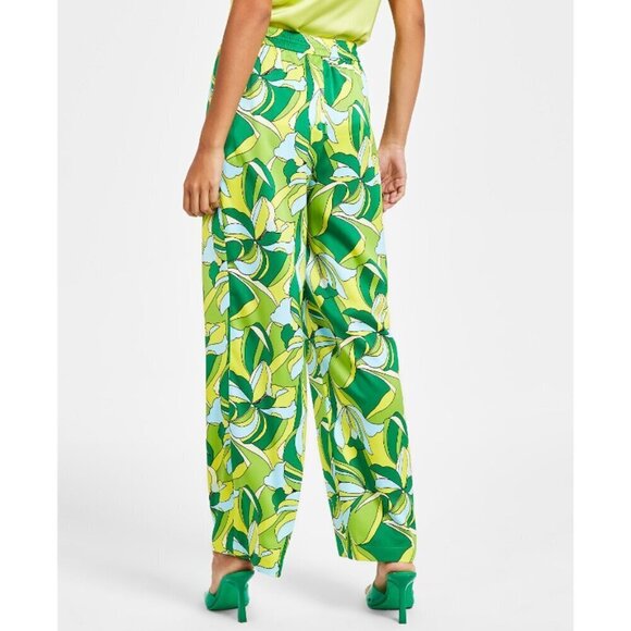 Bar III Women's XL Floral-Print Bright Green High-Rise Pull-On Satin Pants NWT - Picture 2 of 6
